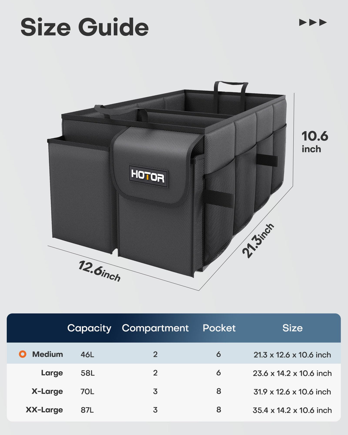 HOTOR Trunk Organizer - Car Organizer, Foldable Trunk organizer for SUVs & Sedans, Sturdy Car Organization for Car Accessories, Tools, Sundries, Black, 2 Compartments, 21.3"×12.6"×10.6"
