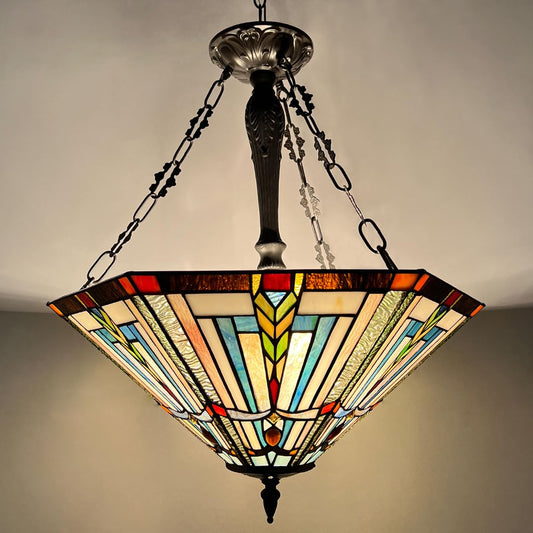COTOSS Tiffany Pendant Light Fixtures,22" Wide Large Stained Glass Inverted Ceiling Pendant for Dining Room,Antique Style 3 Lights Hanging Lamp for Living Room Lobby Stairway