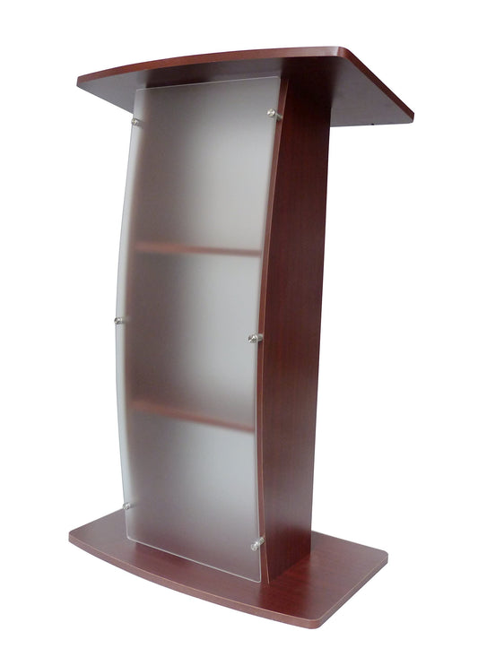 FixtureDisplays® 44.25" Tall Podium for Floor, Curved Frosted Front Acrylic Panel - Red Mahogany 19658