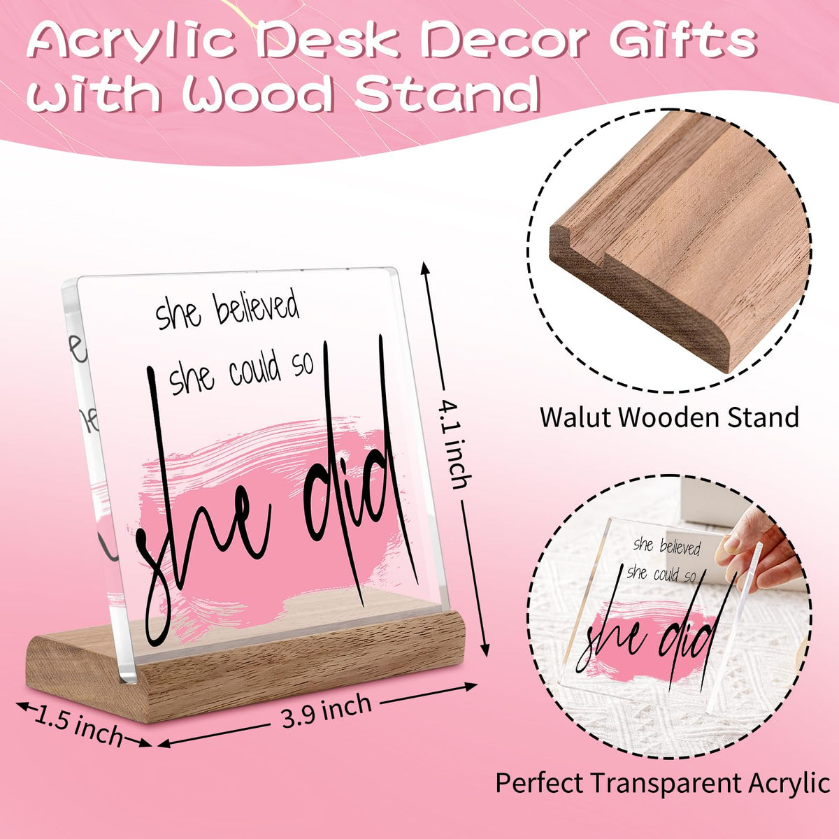 Inspirational Gifts for Women Friends - Motivational Gifts,Promotion Gifts New Job Gifts for Women Congratulations Gifts, 4" Acrylic Plaque - "She Believed She Could So She Did" Home Office Desk Decor