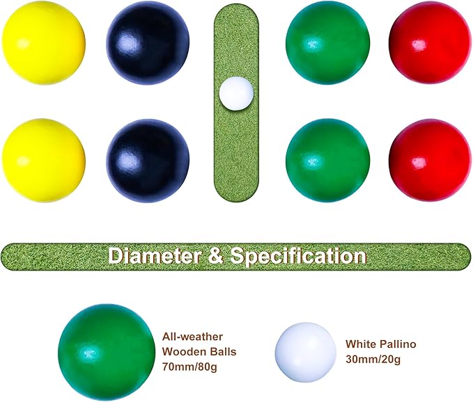 70mm Bocce Ball Set with 8 Bocce Balls, 2 Pallinos for Kids Outdoor Lawn, Backyard & Beach Games - Family-Friendly Wooden Bocce Ball Game Set for Kids, Teens, Beginners (2-8 Players)