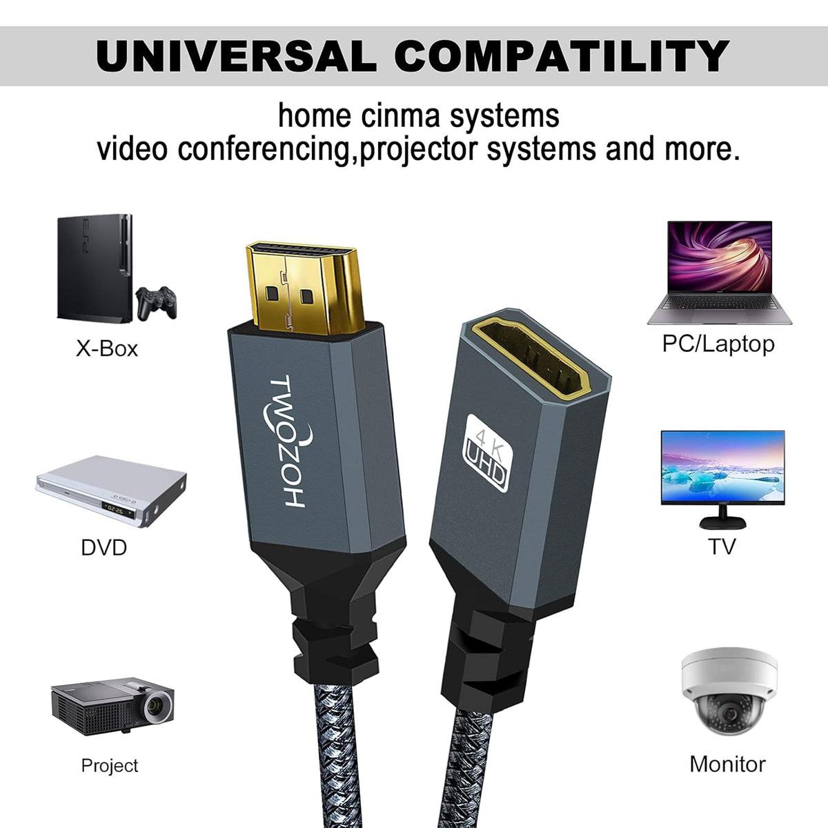 Twozoh 6.6FT, 2.0 4K@60Hz 3D HDMI Extension Cable HDMI Male to Female HDMI Cord, HDMI Cable Adapter Support HDR