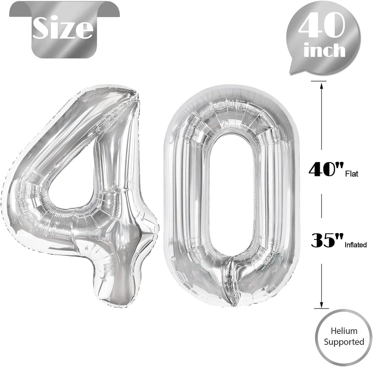 Silver Number 40 Balloon - 40 Inch Giant Foil Decoration for 40th Birthday Party Supplies