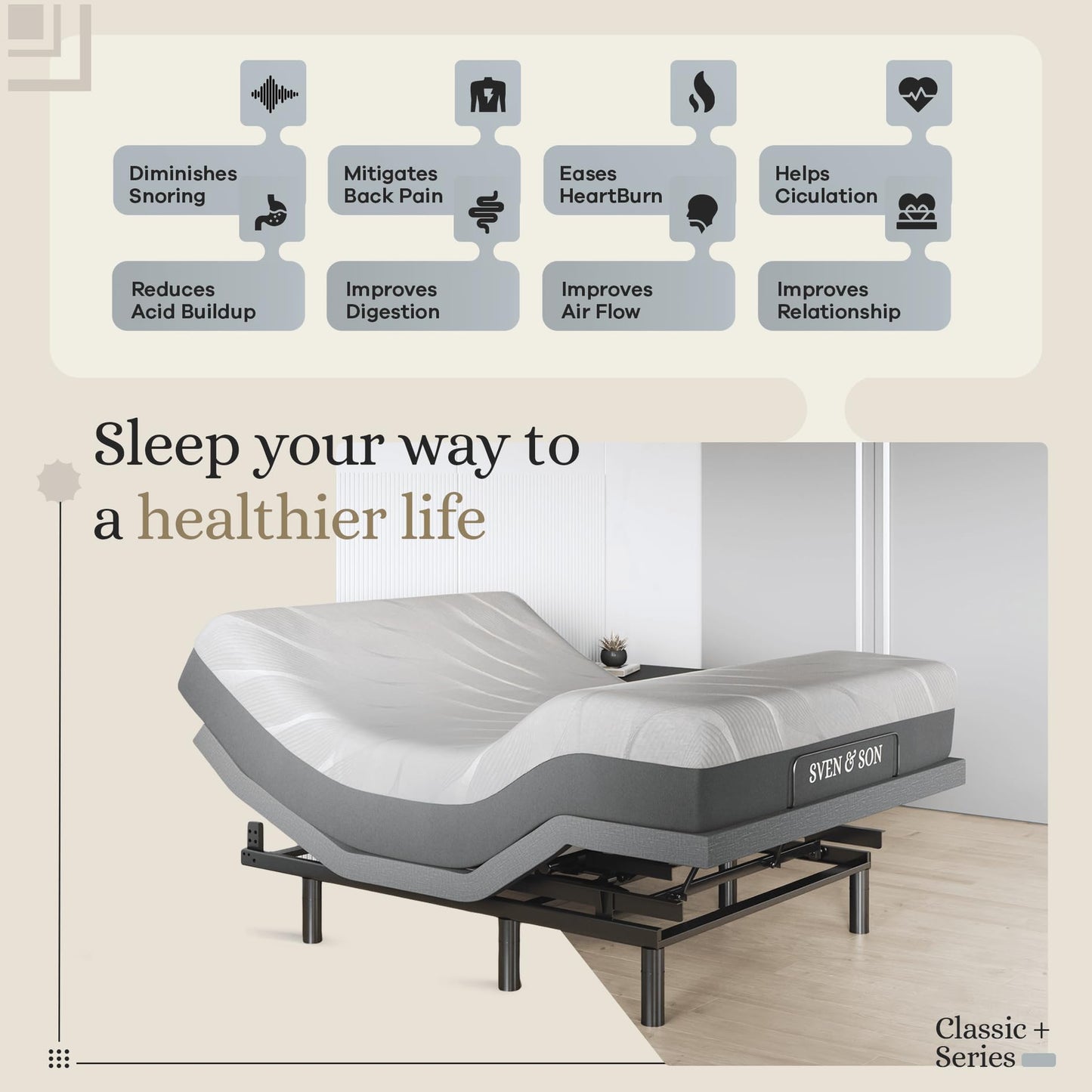 Sven & Son Harmony Adjustable Bed Base, Head and Foot Lift, Massage, Under-Bed Lights, USB, Gel Memory, Zero Gravity Smart Frame - Queen + 12 inch Memory Foam Matt (Medium)