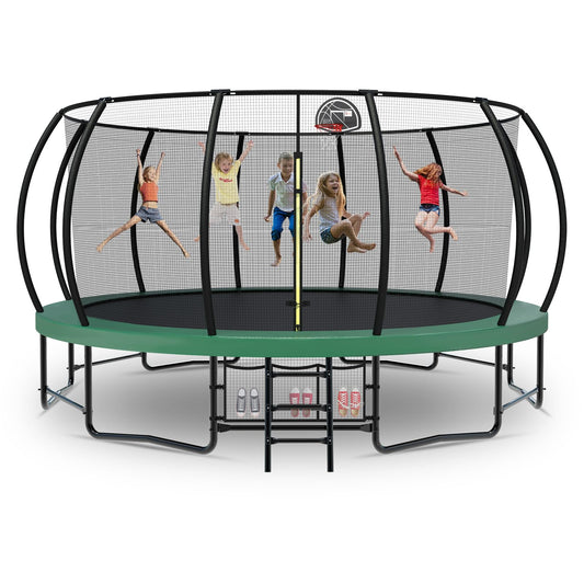 Tatub 16FT Upgrade Pumpkin Trampoline for Kids and Adults, Outdoor Recreational Trampolines with Basketball Hoop & Enclosure Net, Curved Poles & Storage Bag, Green