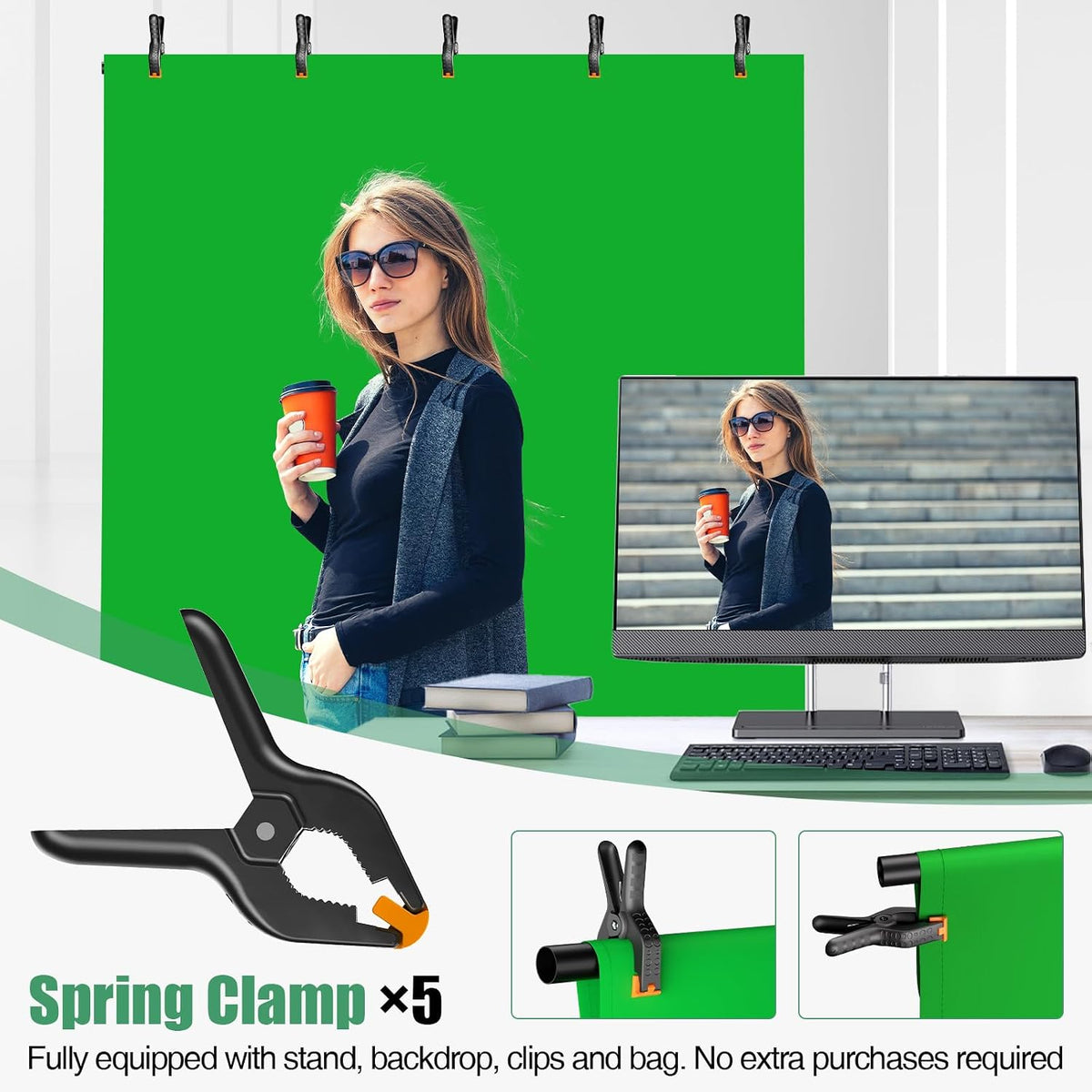 Qoolfoto 57ft 5 Green Screen Backdrop Kit, Portable Greenscreen Background with Adjustable T-Shaped Stand, Clamps