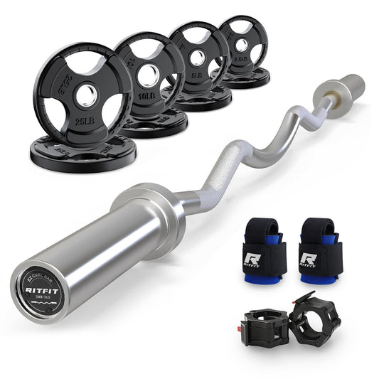 RitFit 2 Inch EZ Curl Bar with Weights, 350LBS Capacity Olympic Barbell for Bicep & Triceps, Home Gym Strength Training,with 85LBweights and Wristband