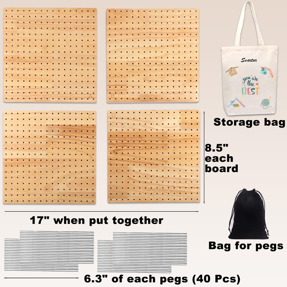 Svartur 4 Pcs (Total 17") Expandable Crochet Blocking Board with Magnetic Interior Edges, 40 Pegs, Large Blocking Boards for Crochet Projects with Pegs, Granny Square Blocking Mat Board