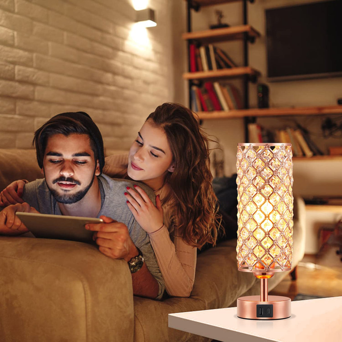 Hong-in Crystal Table Lamp - 3-Way Dimmable Touch Control, Rose Gold Bedside Lamp with USB C and A Ports, Nightstand Light for Living Room, Bedroom, Home Office (Bulb Included)