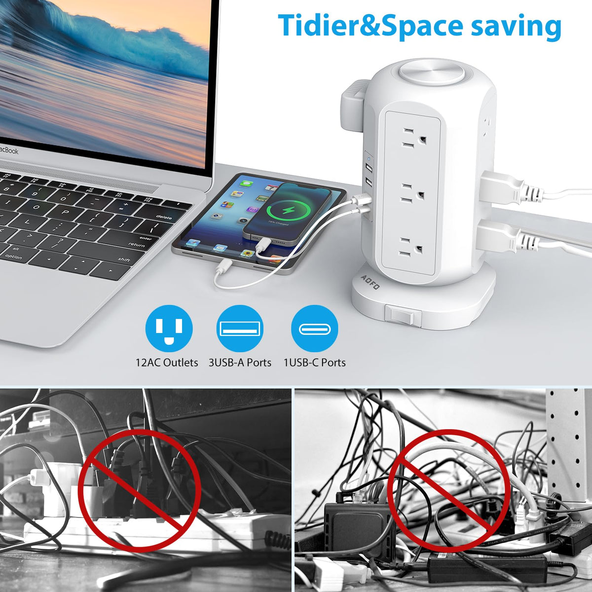 Tower Power Strip Flat Plug with 12 Outlets 4 USB(1 USB C),AOFO Surge Protector Charging Station with Overload Protection, Widely Spaced Multiple Outlets 10Ft Extension Cord for Home, Dorm,Office