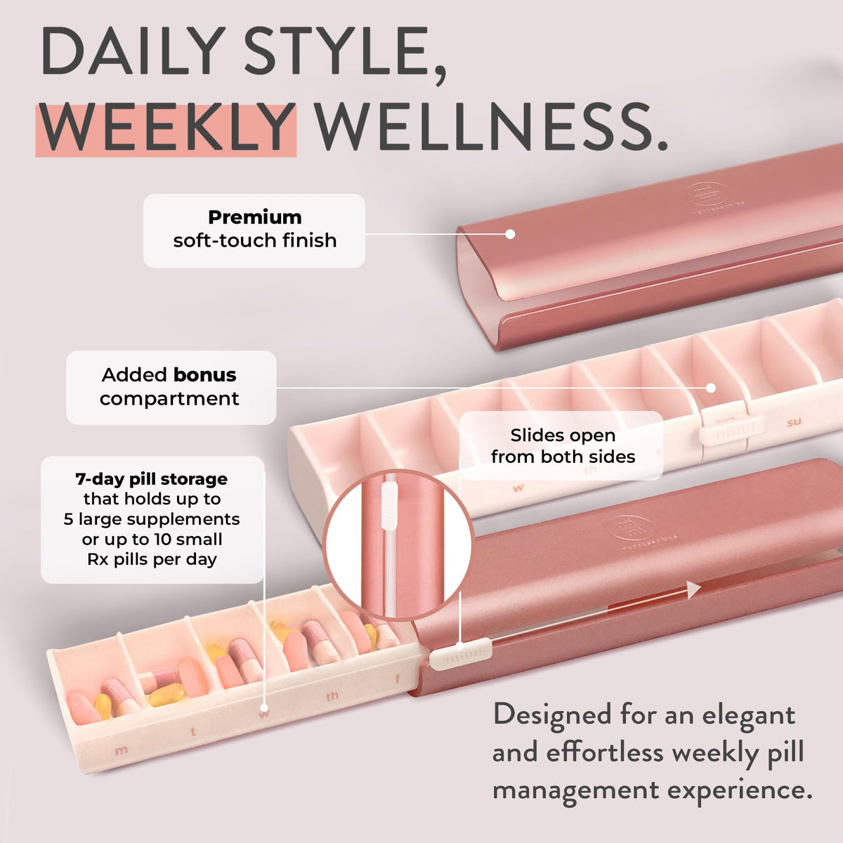 Mimi Medcessories - Pretty Pill Box Set - Stylish & Compact Daily Pill Organizer, Medication Pill Case, Pill Container for Vitamin Management, Pill Holder, Travel Essentials for Women & Men - Rose
