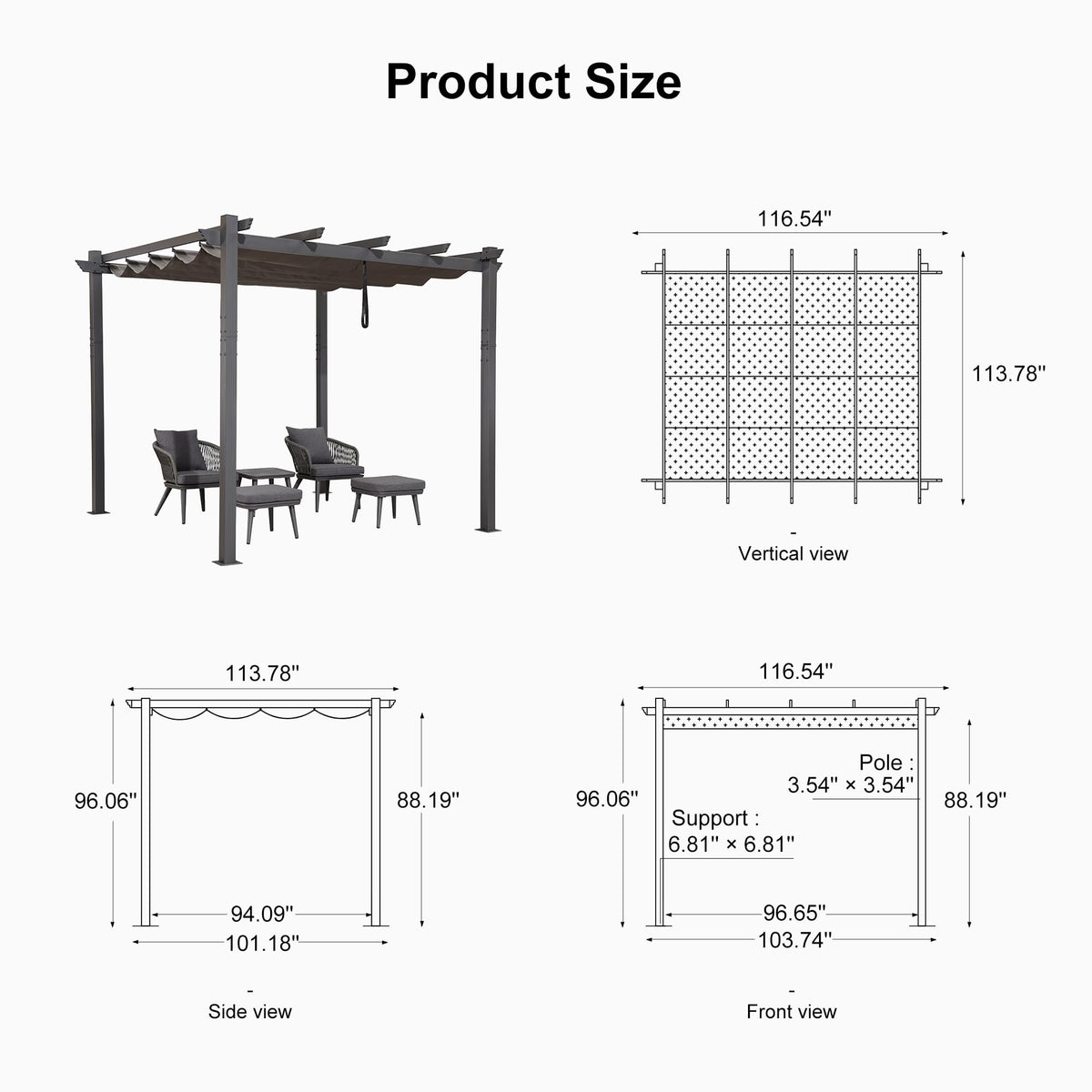 PURPLE LEAF 10' X 10' Outdoor Retractable Pergola with Sun Shade Canopy Patio Metal Shelter for Garden Porch Beach Pavilion Grill Gazebo Modern Yard Grape Trellis Pergola, Gray