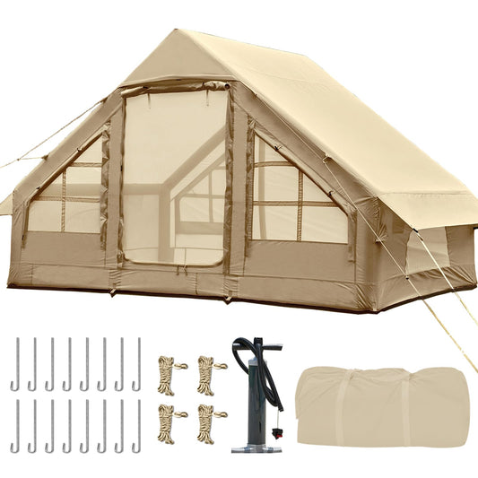 Inflatable Tents for Camping, 4-6 Person Easy Blow Up Tent with Hand Pump,4 Seasons Waterproof Air Inflatable Camping Tent House for Family Weekend Camping，Beige