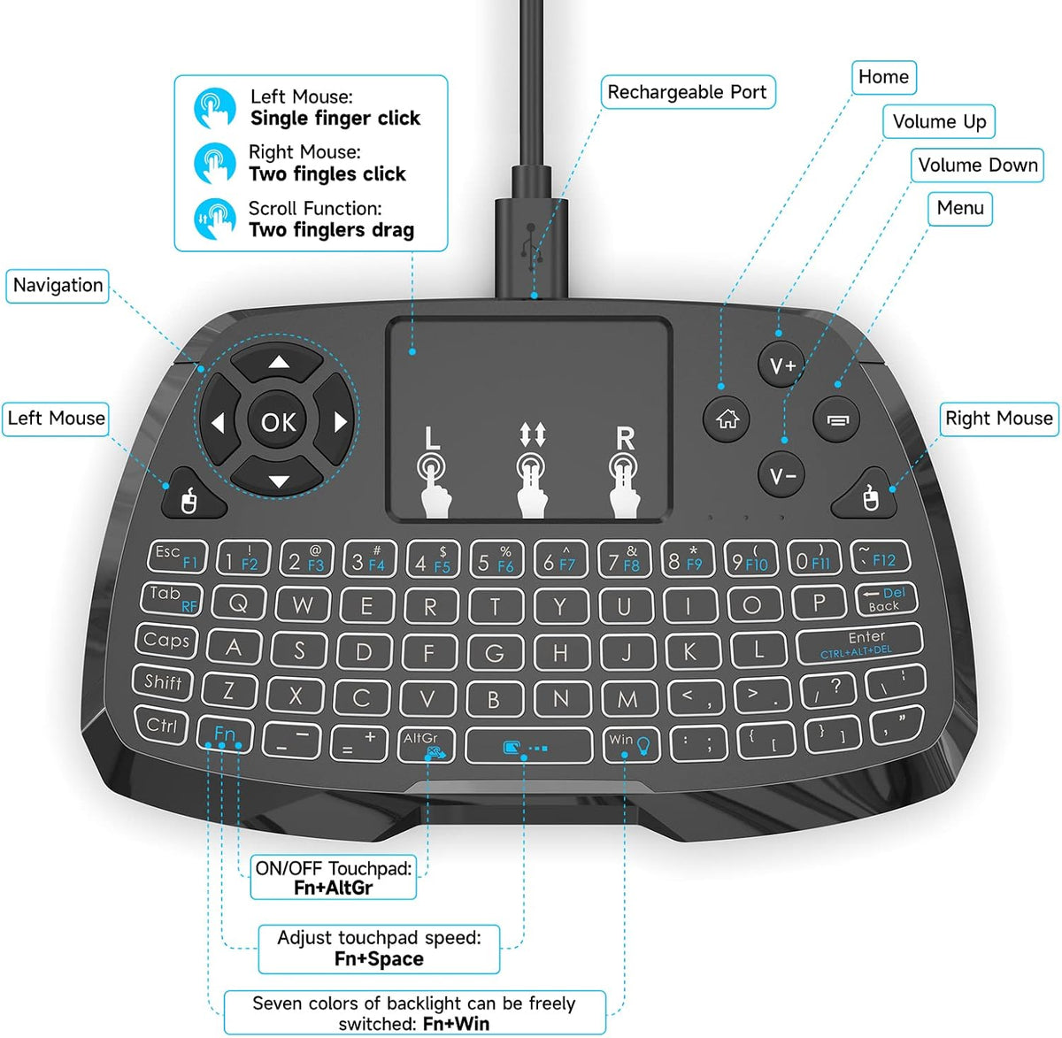 Miritz A3 -2.4GHz 7-Clolor TV/PS4/MacOS/Tablet Mini Keyboard with Touchpad & Bluetooth Dual-Mode, Backlit