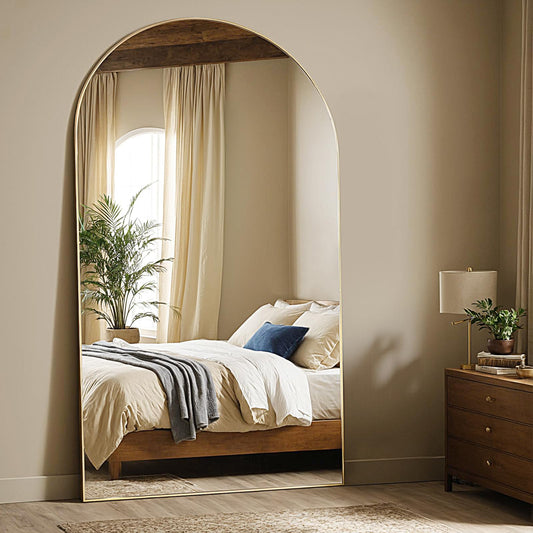 MISSDAY Oversized Arched Full Length Mirror, 83"x44" Gold Full Body Mirror with Stand, Floor Mirror Large Free Standing, Leaning or Hanging, Aluminum Frame Mounted Mirrors Wall Mirrors for Bedroom