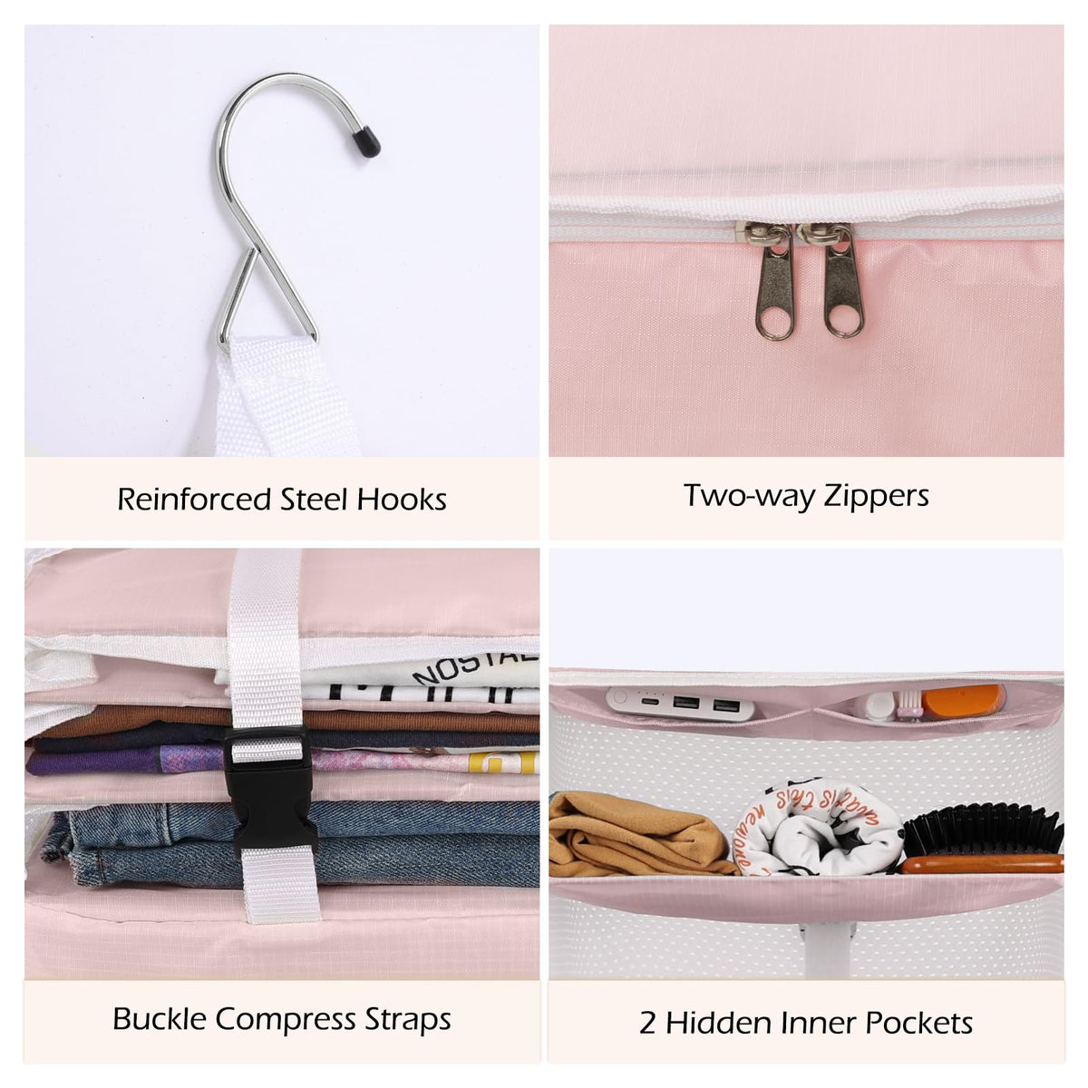 Surblue Hanging Closet Storage Bag Collapsible 3-Shelf Washable Oxford Fabric with 2 Hooks (L 11.41 * 11.41 * 19.68in, Pink)
