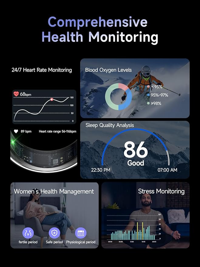 Smart Ring for Women Men, Health Ring with Colorful Display, Fitness Tracker with Heart Rate, Blood Oxygen, Sleep Monitor, No Subscription Fee, 5ATM Waterproof for iPhone & Android (Rose Gold, 9)