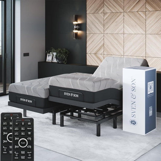 Sven & Son Bliss Adjustable Bed Base-Frame + 14 inch Hybrid Spring Matt (Medium Soft), Head and Foot Lift, Lumbar, Pillow-Tilt, Massage, Under-Bed Lights, USB - Split King