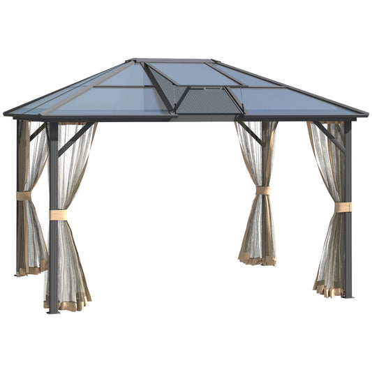 GOWE 10' x 12' Hardtop Gazebo Canopy with Polycarbonate Roof, Top Vent and Aluminum Frame, Permanent Pavilion Outdoor Gazebo with Netting, for Patio, Garden, Backyard, Deck, Lawn