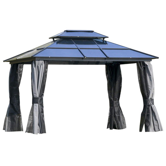 Outsunny 10' x 12' Hardtop Gazebo Canopy with Polycarbonate Roof, Aluminum Frame, Permanent Pavilion Outdoor Gazebo with Netting, for Patio, Garden, Backyard, Deck, Lawn, Light Gray