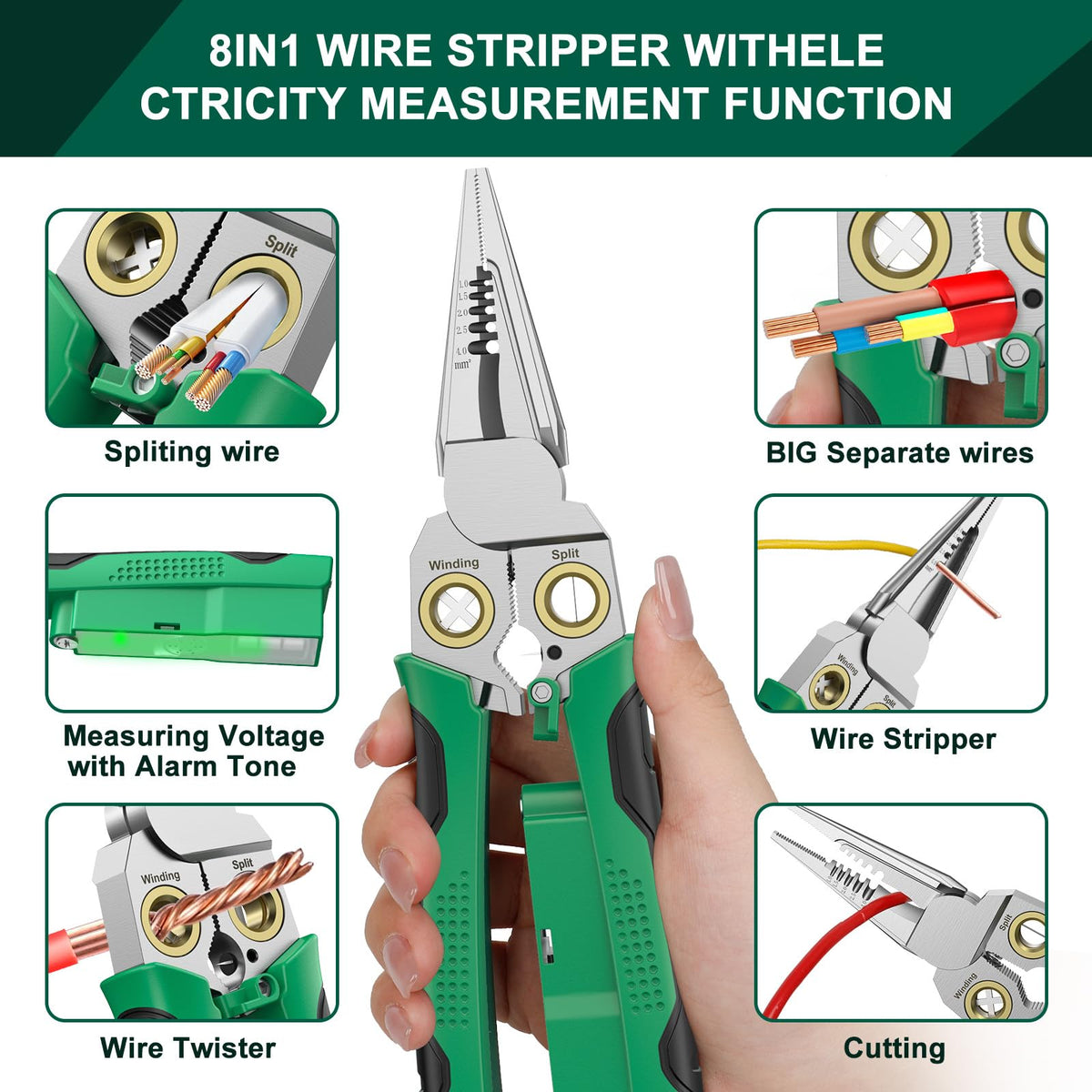 GADO Pro 8-in-1 Wire Stripper/Cutter with Voltage Tester & Dual Alarms - Heavy Duty 12-250V AC/DC Electrical Tester for Hot/Neutral Wires - Electrician, HVAC, Car Repair Tool (Green)