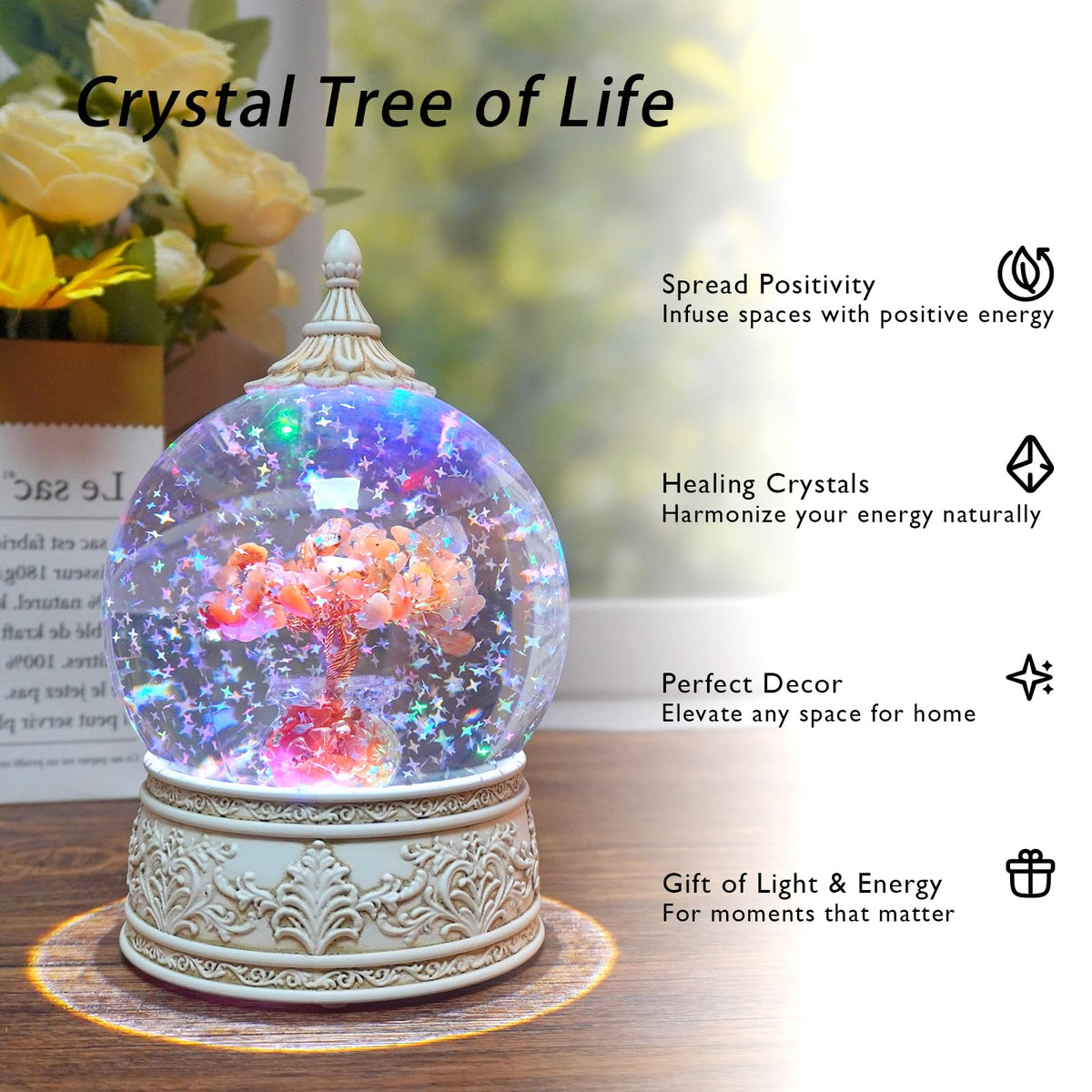 Red Agate Healing Crystal Tree Globe with Colorful Lights and Sparkling Glitter, Natural Gemstone Base, Spiritual Meditation, Positive Energy Good Luck, Home Decor, Birthday Gifts (Red Agate)