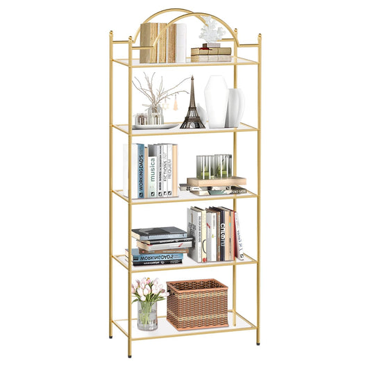 GIFTTROVE 5 Tier Bookshelf, Gold Book Shelf for Storage, Metal Tall Storage Display Bookcase, Modern Open Arched Book Case for Bedroom, Living Room, Glass Office Organization Shelf, 66.3" X 26" X 13"