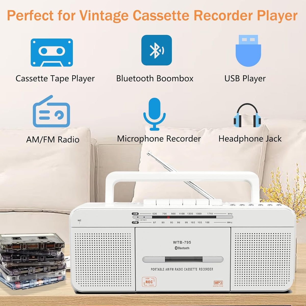 WISCENT Cassette Cassettes/USB Mic,Cassette MP3 Player Boombox, Portable AM/FM Radio Stereo with Bluetooth, USB, Dual