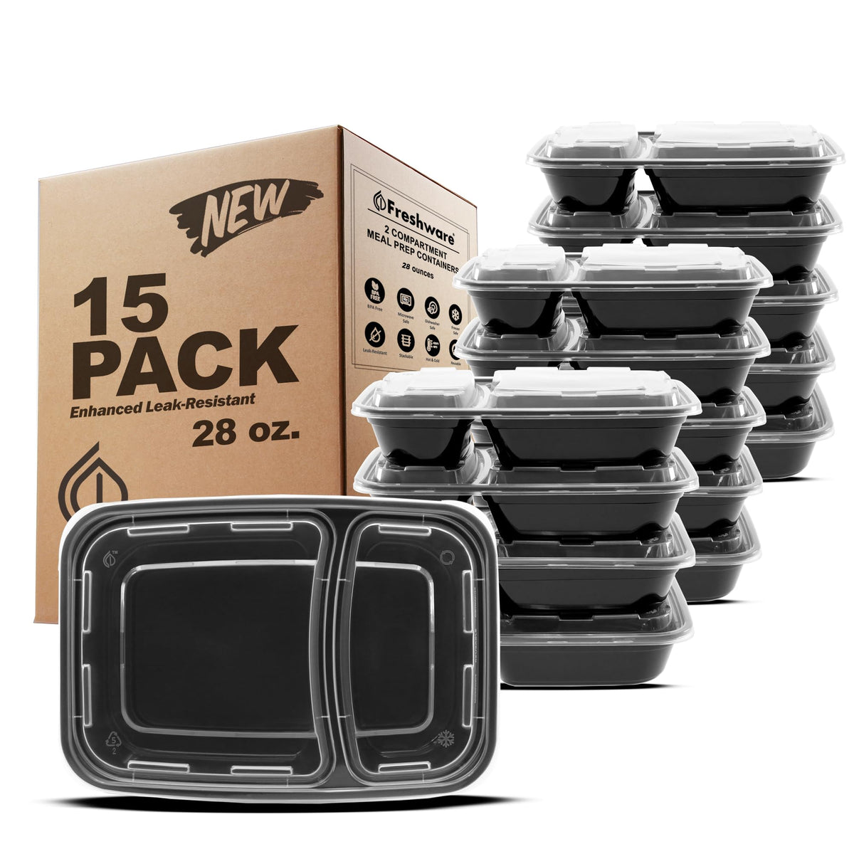 Freshware Meal Prep Containers [15 Pack] 2 Compartment with Lids, Food Storage Containers, Bento Box, BPA Free, Stackable, Microwave/Dishwasher/Freezer Safe (28 oz), Black