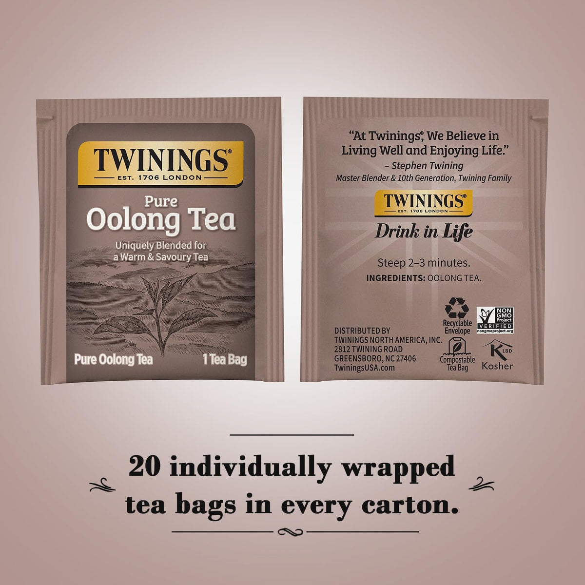 Twinings Pure Oolong Tea - Golden Caffeinated Tea Bags, 2-Pack of 20 Individually Wrapped Bags