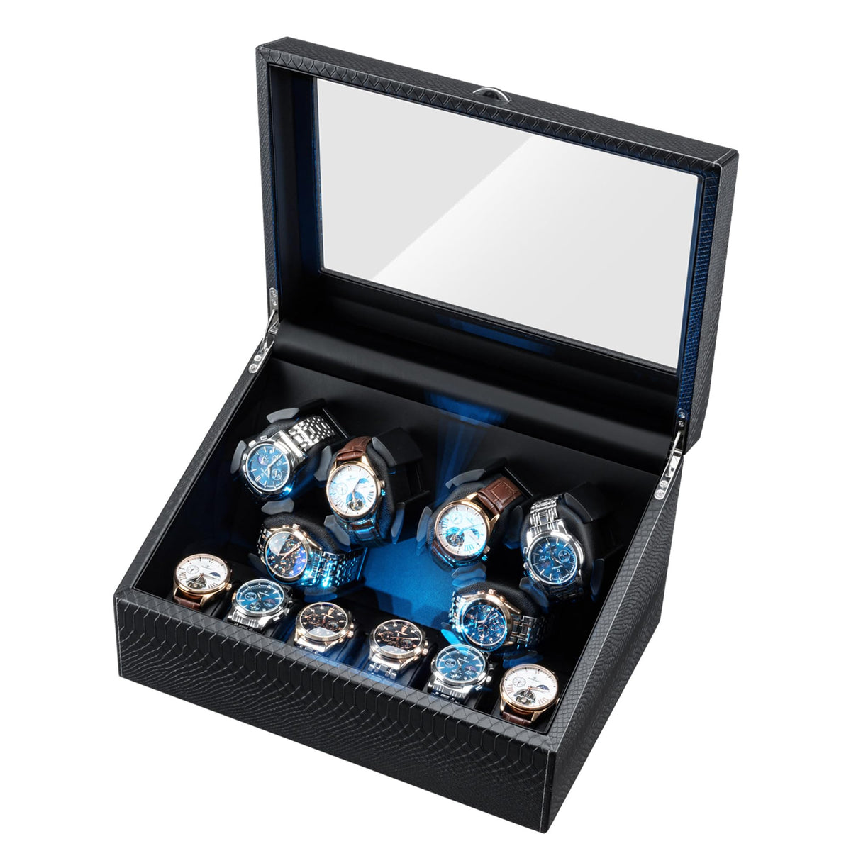 Mcbazel Watch Winder for Automatic Watches, 6 Watch Winder + 6 Storage Case, Watches Winder Box with Super Quiet Motor, Blue LED Light, Memory Foam Pillows, Gift for Men & Women - Black