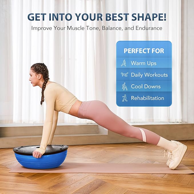 ZELUS Balance Ball Trainer with Resistance Bands and Foot Pump, Inflatable Yoga Ball for Home Gym Workouts, 23 Inch Exercise Half Ball for Balance Training Core Strength Fitness More, 330lb Cap
