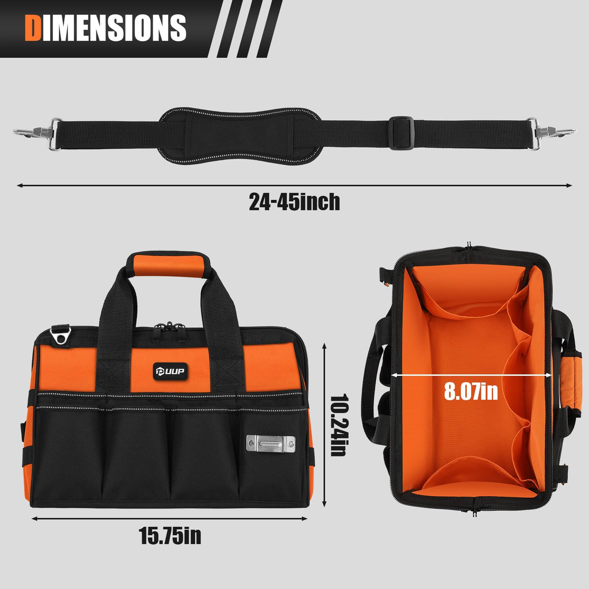 UUP Heavy Duty Tool Bag 15-Inch, 16-Pocket Portable Soft Tool Box Organizer Storage, Handle Tactical Carry Tote Empty Toolbox with Large Zipper, Father Day Dad Men Gift for Mechanic Engineer, Orange
