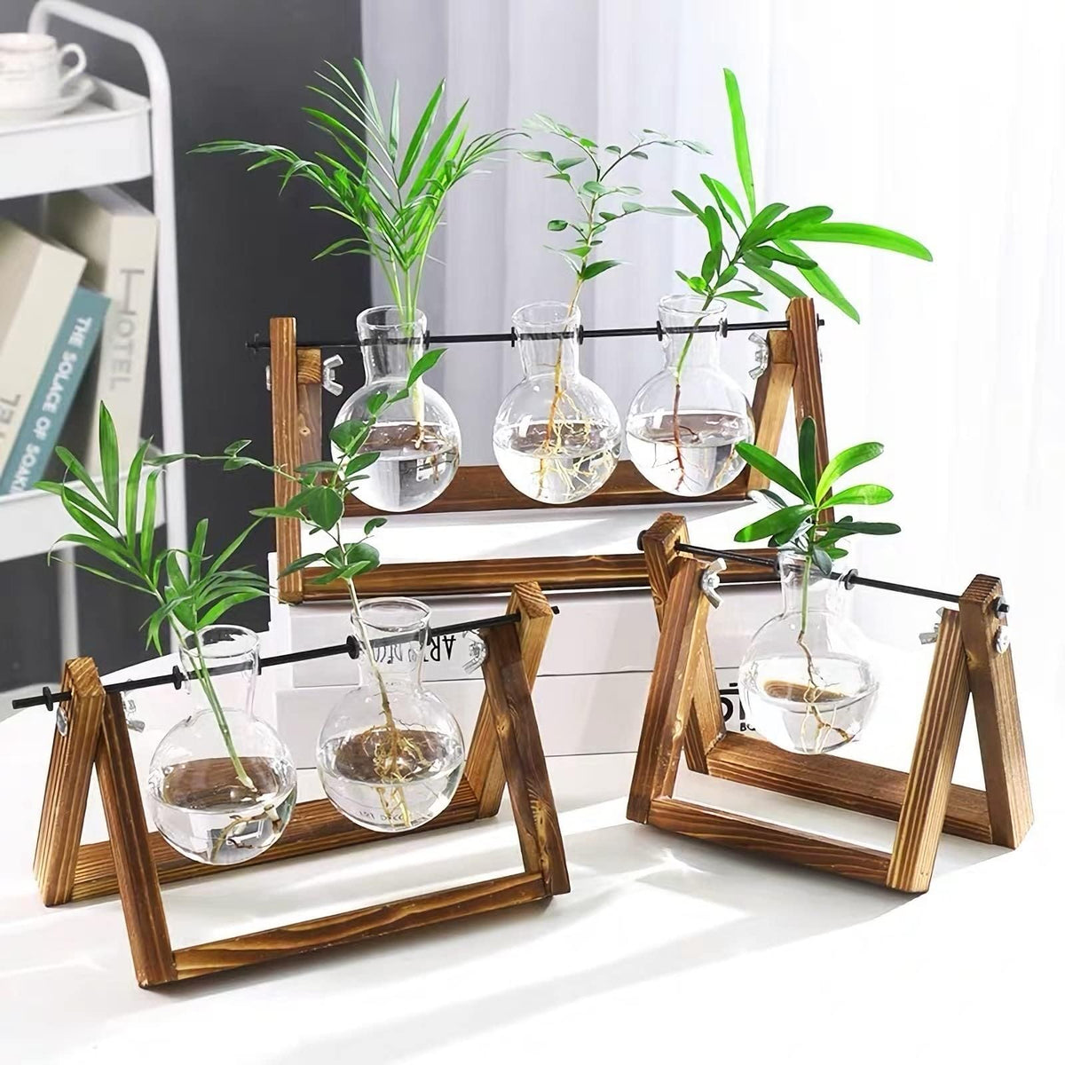 Kingbuy Plant Terrarium Propagation Station - 3 Glass Bulb Vases with Retro Wooden Stand Boho Desktop Planter for Hydroponics Home Garden Indoor Home Office Decor Unique Gifts for Women & Plant Lovers
