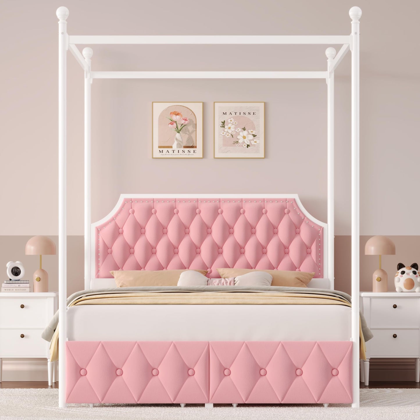 Keyluv Queen Upholstered Canopy Bed Frame with 2 Storage Drawers & Button Tufted Headboard, Metal Platform Bed with 4 Removable Posts, Two-Purpose Velvet Bed, Pink/Curtain Not Included