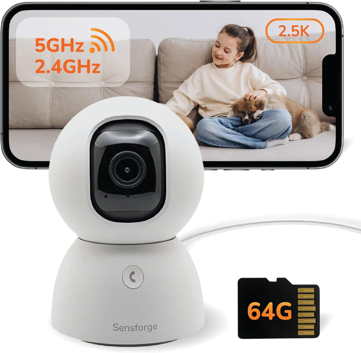 SensForge 2.5K 360 2-Day 64GB (1, Pan-Tilt Security Camera, Dual-Band WiFi Camera for Home, Free AI Human & Pet