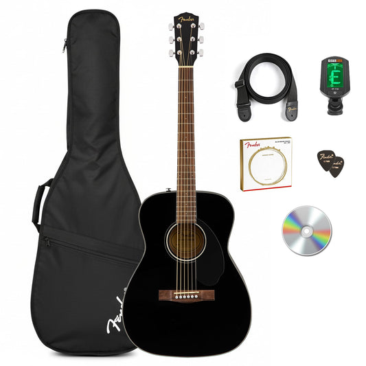 Fender CC-60S Solid Top Concert Acoustic Guitar - Black Bundle with Gig Bag, Tuner, Strap, Strings, Picks, and Austin Bazaar Instructional DVD