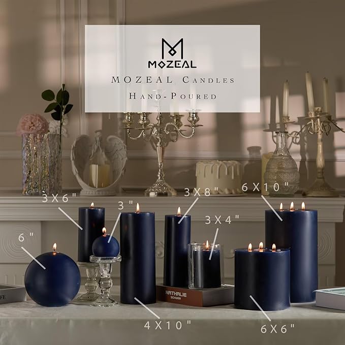 MOZEAL 3" x 6" Hand-Poured Unscented Candle,Dripless Pillar Candle Set of 3,Long Lasting Burning,Approx 120 Hours Burn Time,Rustic Country Style,for Wedding,Dinner,Christmas and Home Decor,Navy Blue