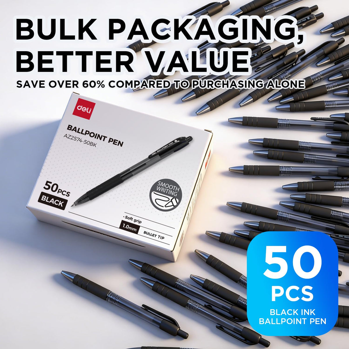deli Pens Bulk,50 Pack Ballpoint Pens Black Ink 1.0MM Medium Point, Smooth Writing Retractable Pen with Soft Grip, No Bleed,Fast Dry,for Office School Home Use