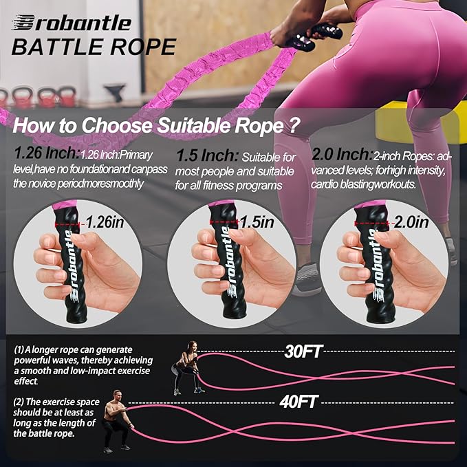Battle Rope 1/1.26/1.5/2 Inch Diameter,Pink 30FT/40FT/50FT Exercise Workout Ropes for Home Gym Heavy Weighted Training Rope for Working Out