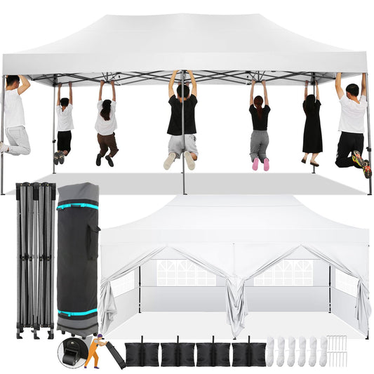 COBIZI 10x20 Pop Up Canopy with 6 Sidewall,Heavy Duty Canopy UPF 50+ All Season Wind Waterproof Commercial Outdoor Wedding Party Tents for Parties Canopy Gazebo with Roller Bag(10 x 20 ft White)