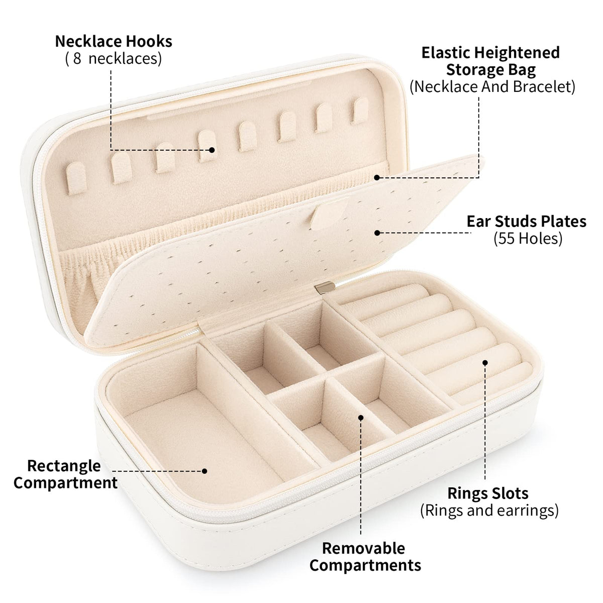DesignSter Travel Jewelry Box, PU Leather Portable Jewelry Case, Small Jewelry Boxes for Gifts, Travel Jewelry Organizer for Women Rings Earrings Necklaces Bracelets (Beige)