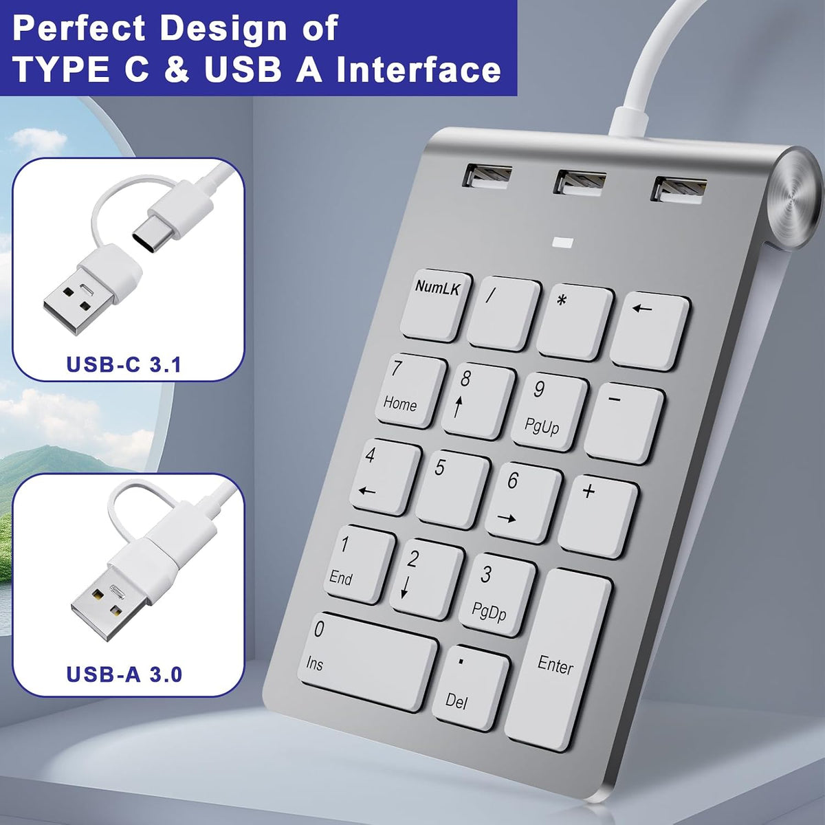 Bawanfa Plus 3 2.0 18 USB C Wired Number Pad, USB Numeric Keypad with USB Ports, Key Number Pad Portable Slim Mini