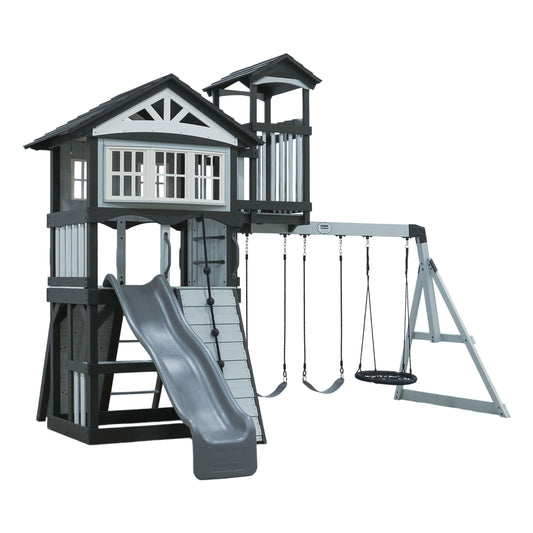 Backyard Discovery Whispering Point Light Gray Cedar Wood Swing Set with Wave Slide, Clubhouse, Crows Nest, Play Kitchen, Belt Swings, Web Swing, Rock Wall, Playhouse, Ladder, Windows, Outdoor Playset