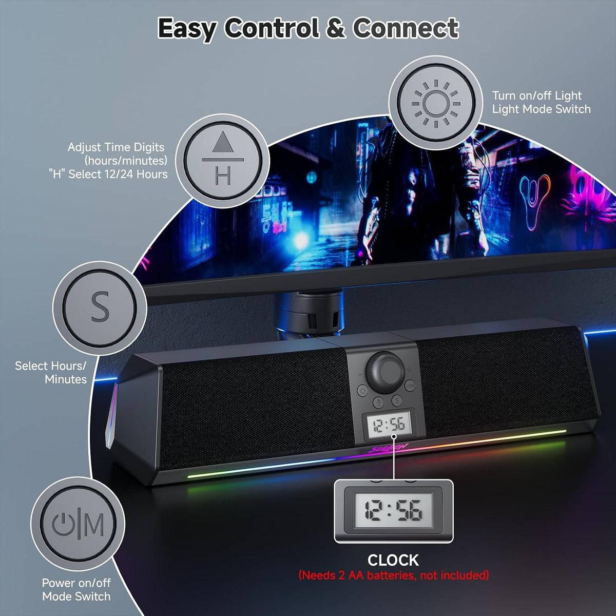 SOULION R80 Bluetooth Computer Speakers, USB Plug & Play PC Speakers with Digital Clock Display, Clear Sound Soundbar
