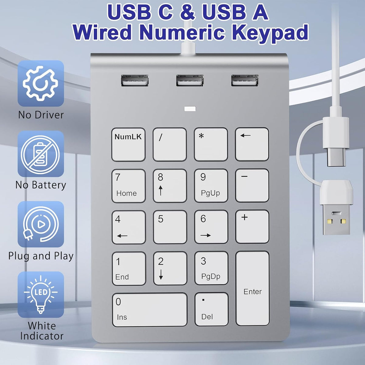 Bawanfa Plus 3 2.0 18 USB C Wired Number Pad, USB Numeric Keypad with USB Ports, Key Number Pad Portable Slim Mini