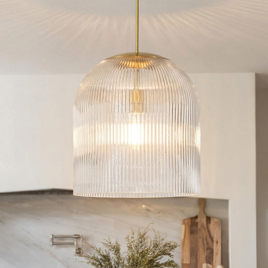 CKENSU Ribbed Glass Pendant Light Fixture - Clear Vintage Industrial Shade, Adjustable Canopy for Sloped Ceilings, Kitchen Island Lighting, Dining Room & Home Decor Hanging (13.8" Dia x 15" H)