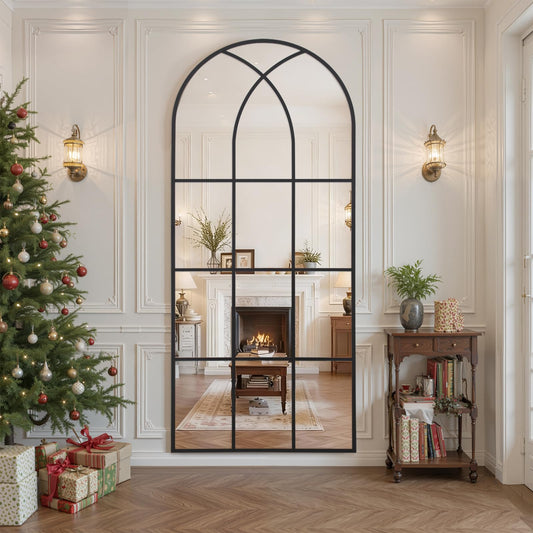 Arched Window pane Full Length Mirror 30"x71", Full Body Standing Mirror, Window Shaped Farmhouse Style with Aluminum Frame, Decor Wall Mirrors for Living Room, Courtyard, Bedroom, Entryway, Black