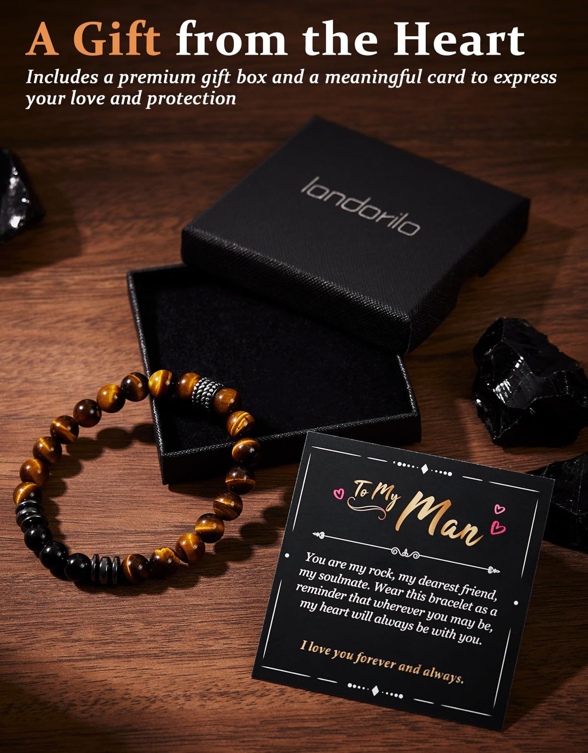 Landorilo Gifts for Men, 8mm Natural Stone Beaded Bracelets, Tiger's Eye & Black Tourmaline Healing Bracelet, Handmade Mens Jewelry Gift for Him, Husband, Son, Father, Friend(To My Son-8.3in)