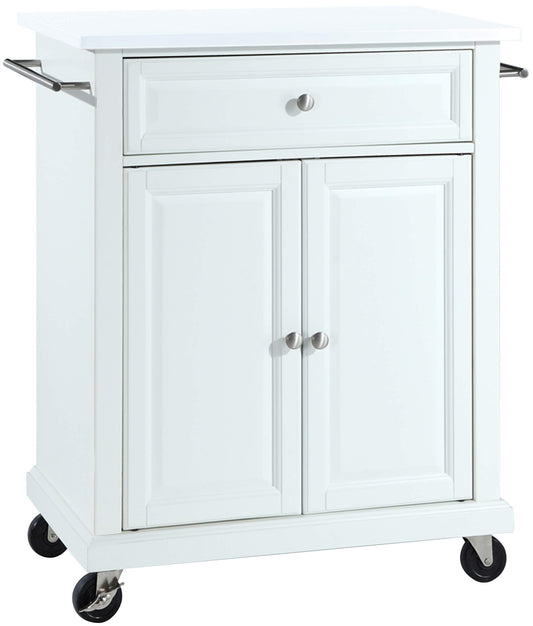Crosley Furniture Compact Stone Top Small Rolling Cart with Shelves, Microwave Stand with Towel Rack, White
